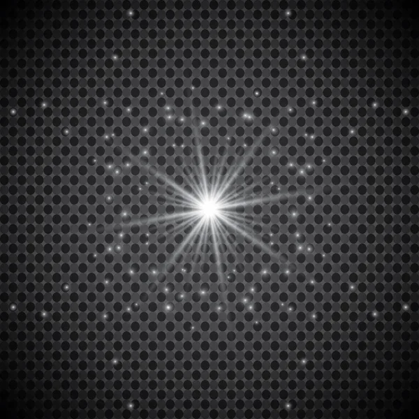 Şeffaf beyaz parlayan ışık patlaması. Işın parıltılarıyla serin efekt dekorasyonu için vektör illüstrasyonu. Parlak yıldız. Şeffaf parlak parlak parıltı, parlak alevler. Parlak desen.