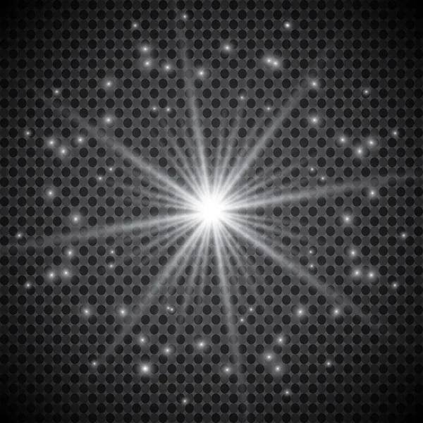 Şeffaf beyaz parlayan ışık patlaması. Işın parıltılarıyla serin efekt dekorasyonu için vektör illüstrasyonu. Parlak yıldız. Şeffaf parlak parlak parıltı, parlak alevler. Parlak desen.