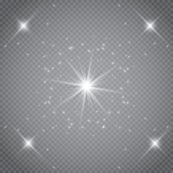Şeffaf beyaz parlayan ışık patlaması. Işın parıltılarıyla serin efekt dekorasyonu için vektör illüstrasyonu. Parlak yıldız. Şeffaf parlak parlak parıltı, parlak alevler. Parlak desen.