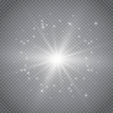 Şeffaf beyaz parlayan ışık patlaması. Işın parıltılarıyla serin efekt dekorasyonu için vektör illüstrasyonu. Parlak yıldız. Şeffaf parlak parlak parıltı, parlak alevler. Parlak desen.