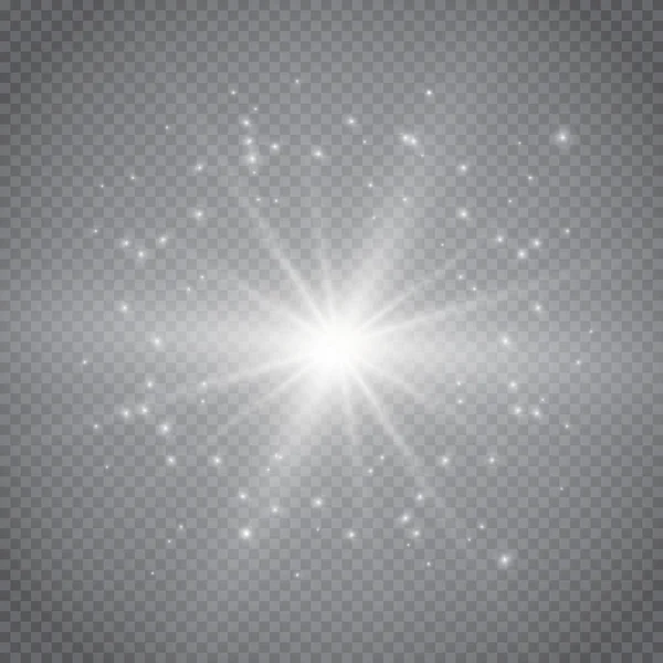 Şeffaf beyaz parlayan ışık patlaması. Işın parıltılarıyla serin efekt dekorasyonu için vektör illüstrasyonu. Parlak yıldız. Şeffaf parlak parlak parıltı, parlak alevler. Parlak desen.