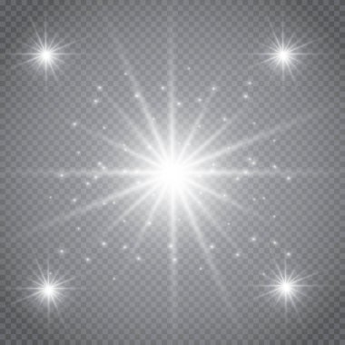 Altın parlayan kümesi üzerinde şeffaf arka plan izole etkileri ışıklar. Güneş ışınları ile flash ve spot. Parlama ışık efekti. Yıldız patlaması ile parıldıyor.