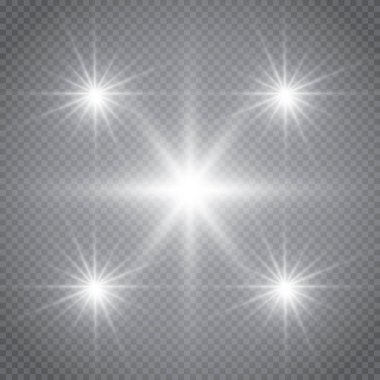 Altın parlayan kümesi üzerinde şeffaf arka plan izole etkileri ışıklar. Güneş ışınları ile flash ve spot. Parlama ışık efekti. Yıldız patlaması ile parıldıyor.