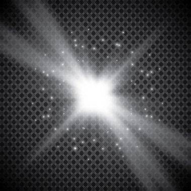 Şeffaf beyaz parlayan ışık patlaması. Işın parıltılarıyla serin efekt dekorasyonu için vektör illüstrasyonu. Parlak yıldız. Şeffaf parlak parlak parıltı, parlak alevler. Parlak desen.