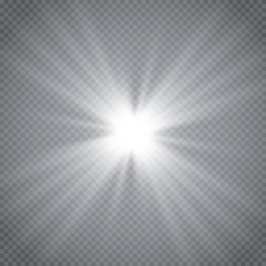 Şeffaf beyaz parlayan ışık patlaması. Işın parıltılarıyla serin efekt dekorasyonu için vektör illüstrasyonu. Parlak yıldız. Şeffaf parlak parlak parıltı, parlak alevler. Parlak desen.
