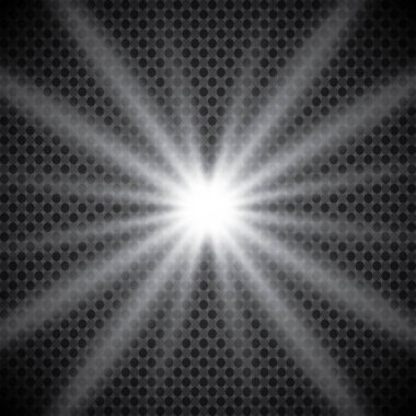 Şeffaf beyaz parlayan ışık patlaması. Işın parıltılarıyla serin efekt dekorasyonu için vektör illüstrasyonu. Parlak yıldız. Şeffaf parlak parlak parıltı, parlak alevler. Parlak desen.