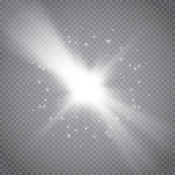 Wit gloeiend licht explosie met transparant. Vector illustratie voor koele effect decoratie met straal sprankelingen. Heldere ster. Transparante glans gradiënt glitter, heldere vlam. Glanzende textuur. — Stockvector