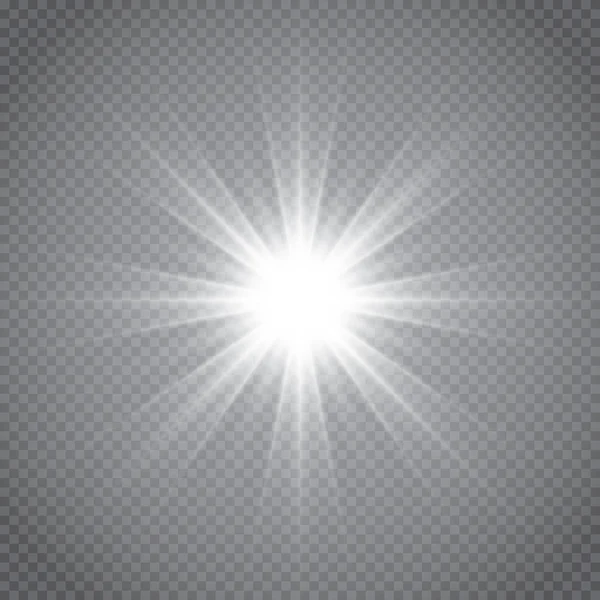 Wit gloeiend licht explosie met transparant. Vector illustratie voor koele effect decoratie met straal sprankelingen. Heldere ster. Transparante glans gradiënt glitter, heldere vlam. Glanzende textuur. — Stockvector