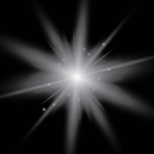 Reihe von leuchtenden Lichtern isoliert auf einem transparenten Hintergrund. Der Blitz blinkt mit Strahlen und einem Suchscheinwerfer. Lichteffekt des Leuchtens. blitzte der Stern mit Funkeln. — Stockvektor