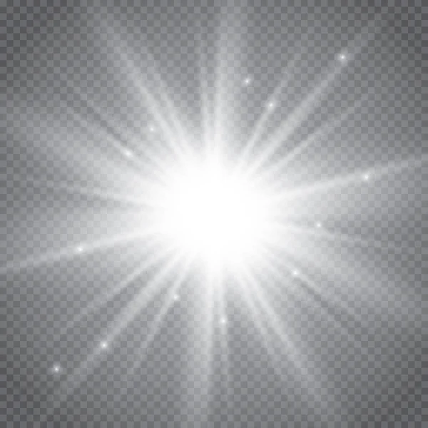 Reihe von leuchtenden Lichtern isoliert auf einem transparenten Hintergrund. Der Blitz blinkt mit Strahlen und einem Suchscheinwerfer. Lichteffekt des Leuchtens. blitzte der Stern mit Funkeln. — Stockvektor