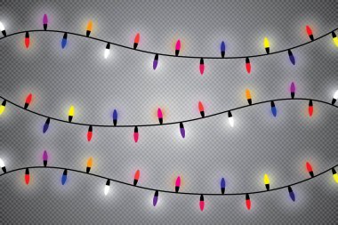 Şeffaf arka planda izole edilmiş Noel ışıkları. Parlayan Xmas çelengi. Vektör illüstrasyonu
