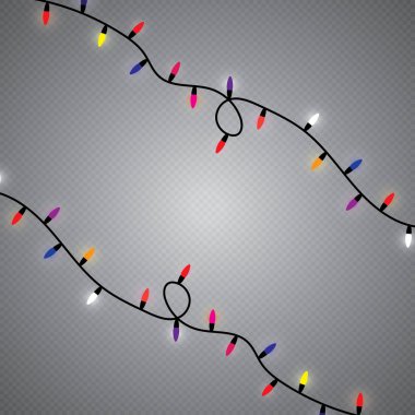 Şeffaf arka planda izole edilmiş Noel ışıkları. Parlayan Xmas çelengi. Vektör illüstrasyonu