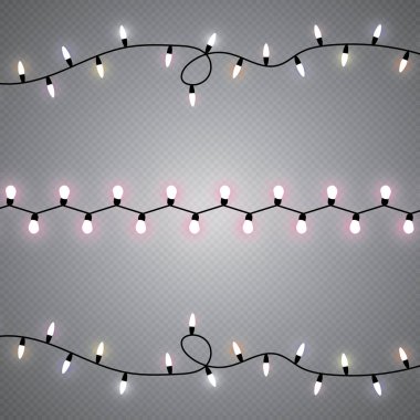 Şeffaf arka planda izole edilmiş Noel ışıkları. Parlayan Xmas çelengi. Vektör illüstrasyonu
