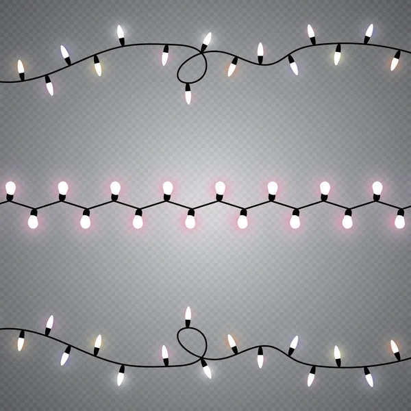 Luzes de Natal isoladas em fundo transparente. Xmas guirlanda brilhante. Ilustração vetorial —  Vetores de Stock