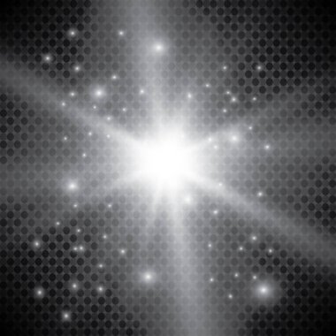 Ekose vektör arka planında şeffaflık ile parlayan ışık efektleri seti. Mercekler, ışınlar, yıldızlar ve bokeh koleksiyonu ile parıltılar