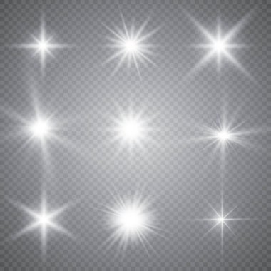 Parlayan ışıklar efekt, parlama, patlama ve yıldızlar. Şeffaf arkaplanda özel efekt izole edildi