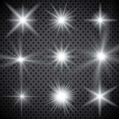 Parlayan ışıklar efekt, parlama, patlama ve yıldızlar. Şeffaf arkaplanda özel efekt izole edildi