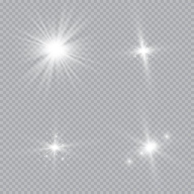 Parlayan ışıklar efekt, parlama, patlama ve yıldızlar. Şeffaf arkaplanda özel efekt izole edildi