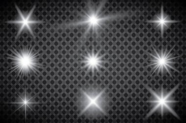 Parlayan ışıklar efekt, parlama, patlama ve yıldızlar. Şeffaf arkaplanda özel efekt izole edildi