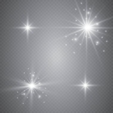 Ekose vektör arka planında şeffaflık ile parlayan ışık efektleri seti. Mercekler, ışınlar, yıldızlar ve bokeh koleksiyonu ile parıltılar.