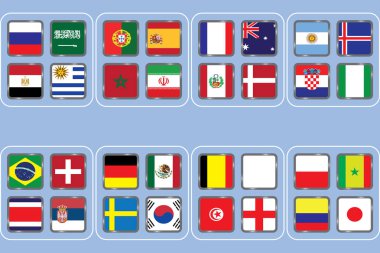 Futbol Dünya Şampiyonası gruplar. Vektör ülke bayrakları. Rusya 2018 futbol Dünya turnuvası. Dünya Futbol Kupası. Ülkelerin bayrakları bilgi grafiği.