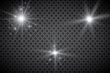 Parlayan ışıklar efekt, parlama, patlama ve yıldızlar. Şeffaf arkaplanda özel efekt izole edildi