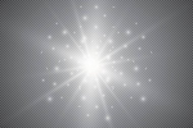 Parlayan ışıklar efekt, parlama, patlama ve yıldızlar. Şeffaf arkaplanda özel efekt izole edildi