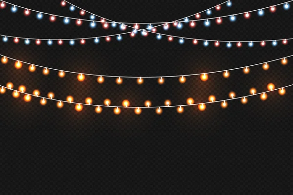 暗い背景に隔離されたクリスマスの黄金のライト クリスマスの光のガーランドベクターイラスト — ストックベクタ