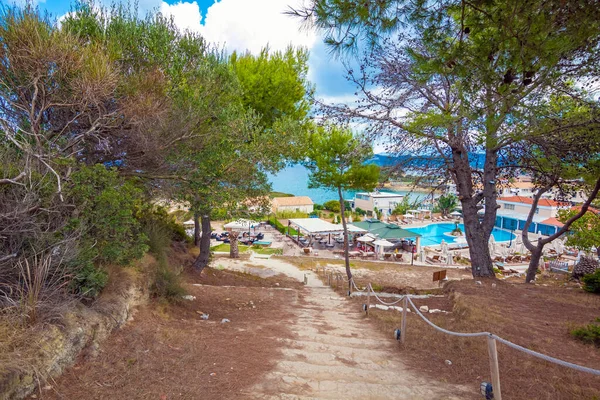 Corfu Grécia Setembro 2019 Piscina Hotel Com Bela Vista Para — Fotografia de Stock
