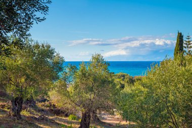 Bir dağ vadisinde köy manzarası. Dağ manzarası. Korfu, Yunanistan