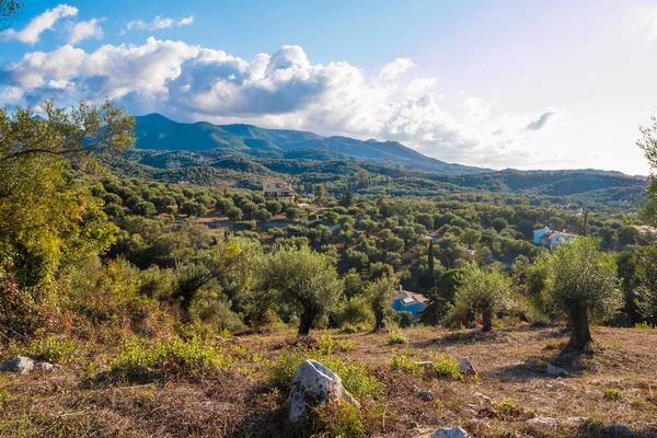 stock image View of the village in a mountain valley. Mountain view. Corfu, Greece