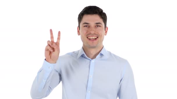 Victory Sign by Handsome Businessman, White Background — Stock Video