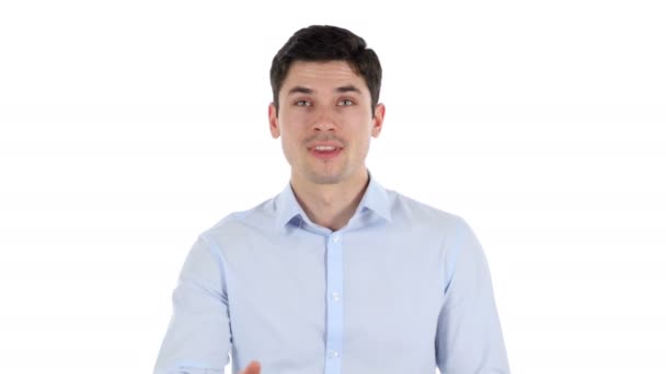 Příjemné pohledný podnikatel, bílé pozadí — Stock video