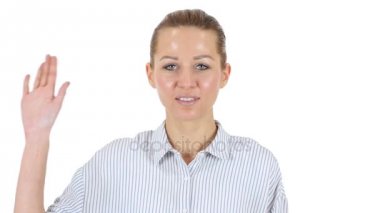 Merhaba, el, beyaz arka plan sallayarak kadın