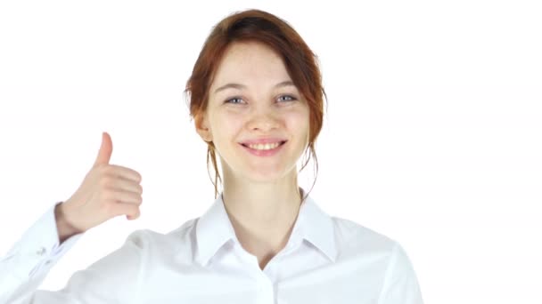 Thumbs Up, Red Hair Woman on White Background — Stock Video