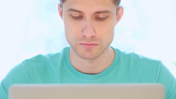 Headache, Man Working on Laptop with Pain in Head, Front View — Stock Video