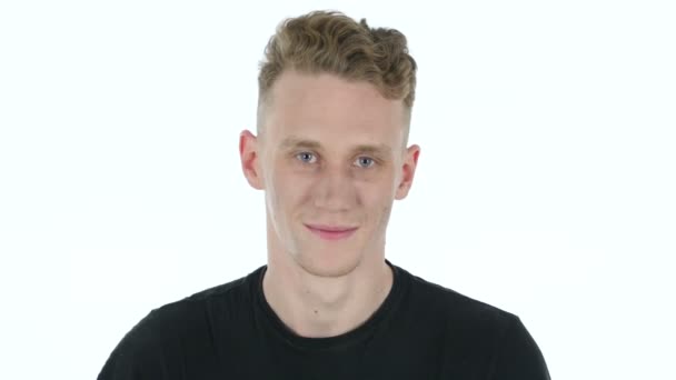 Victory Sign by Young Man on White Background — Stock Video