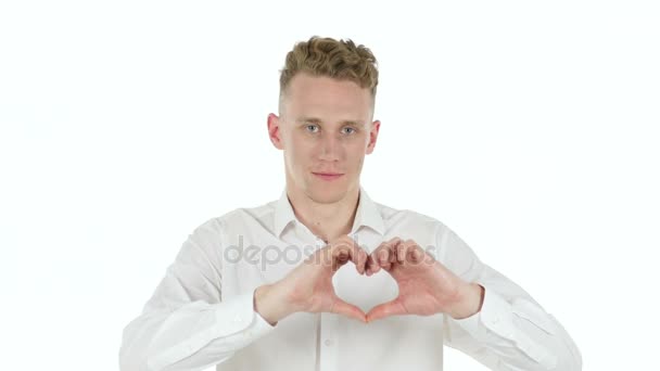 Handmade Heart Sign by Young Businessman, White Background — Stock Video