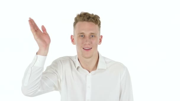 Video Chat, Talking Young Businessman, White Background — Stock Video