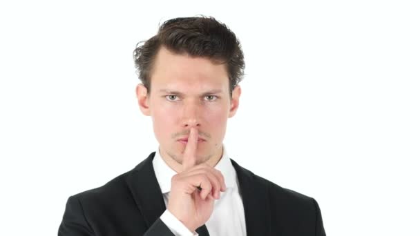 Stilte, Shut Your Mouth, de vinger op de lippen van de zakenman — Stockvideo