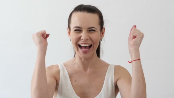 Excited Young Woman Celebrating Success, Portrait — Stock Video