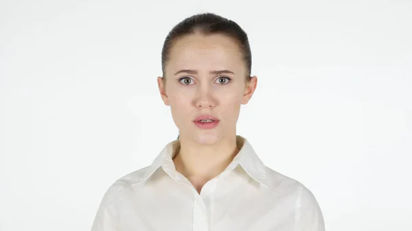 Porträtt av ledsen kvinna, vit bakgrund — Stockfoto
