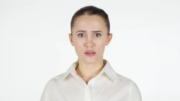 Retrato de mulher triste, fundo branco — Fotografia de Stock