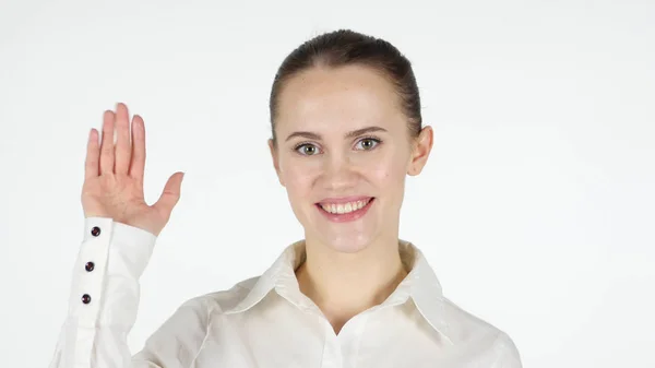 Winkende Hand, Frau im Gespräch mit Kamera, Videochat — Stockfoto
