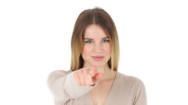 Beyaz arka plan üzerinde izole kamera, işaret kadın