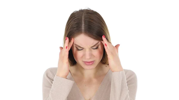 头痛、 心烦的女人，白色背景 — 图库照片