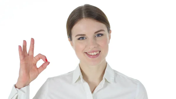 Okay Gesture, Businesswoman on White Background — Stock Photo, Image