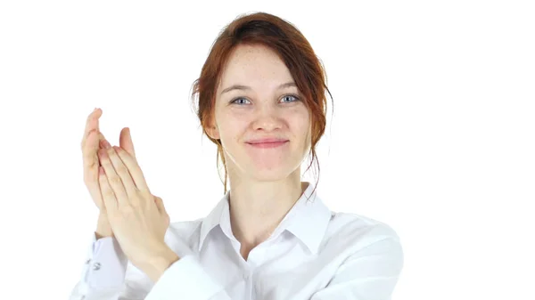 Mujer aplaudiendo, fondo blanco —  Fotos de Stock