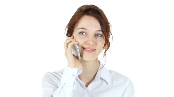 Mulher falando no telefone, fundo branco — Fotografia de Stock