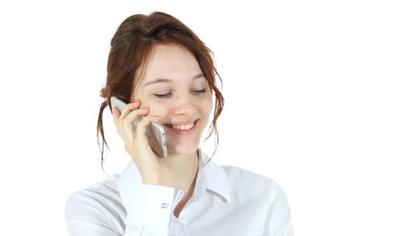 Onderhandelingen, vrouw praten over telefoon, witte achtergrond — Stockfoto